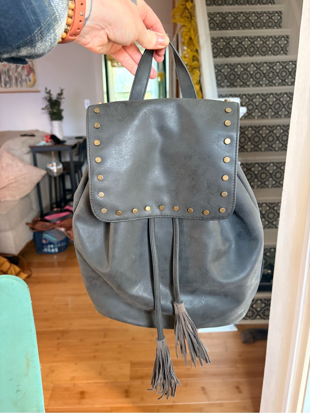 Stylish Black Stud-Accent Drawstring Backpack